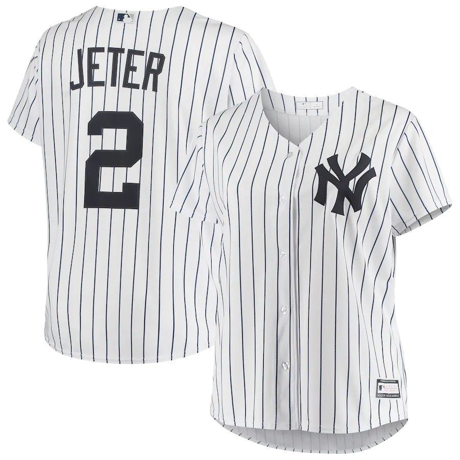 Womens New York Yankees #2 Derek Jeter White Plus Size Replica Player MLB Jerseys->women mlb jersey->Women Jersey
